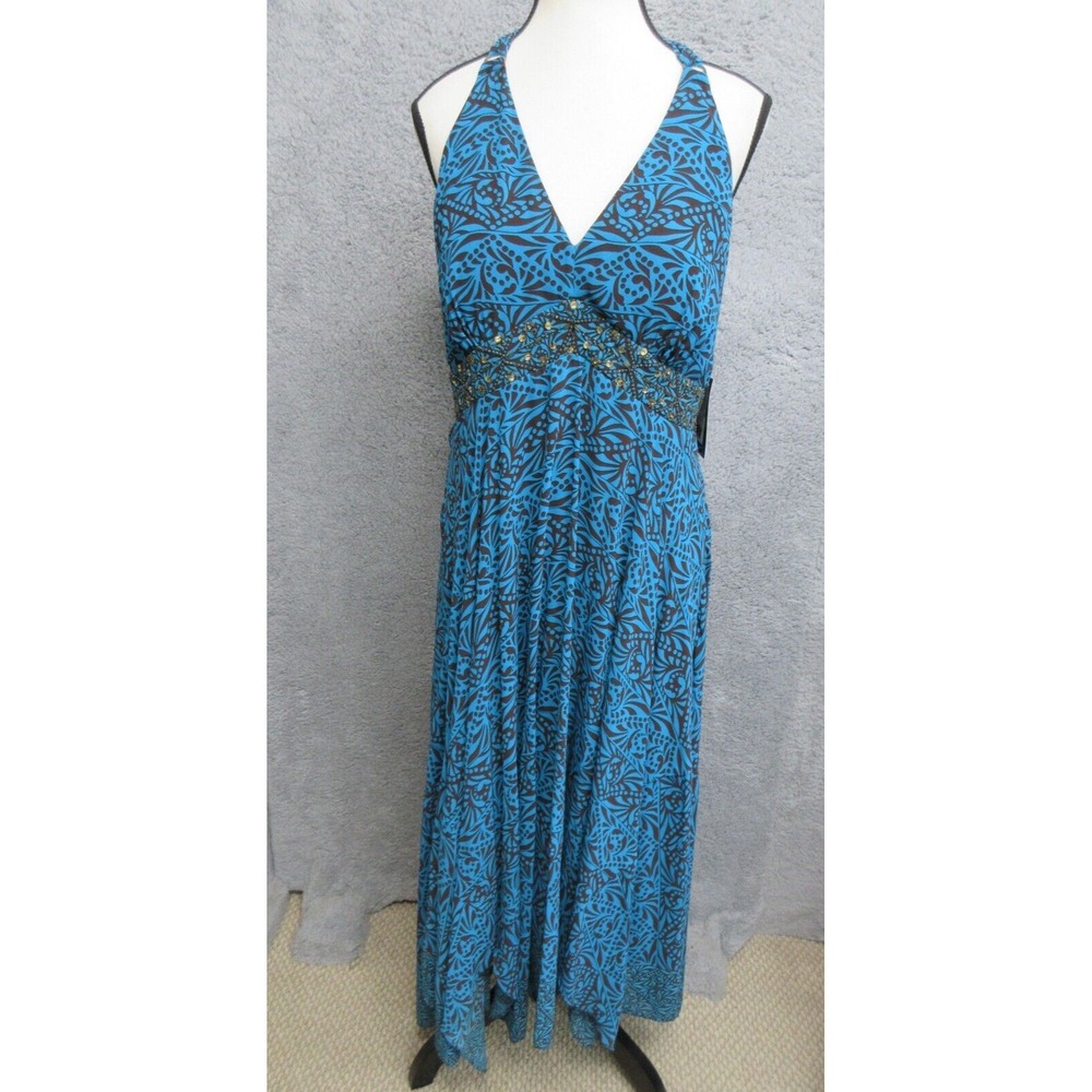 Signature by Robbie Bee Dress Womens 16 Blue‎ Black Halter Maxi Boho Evening
